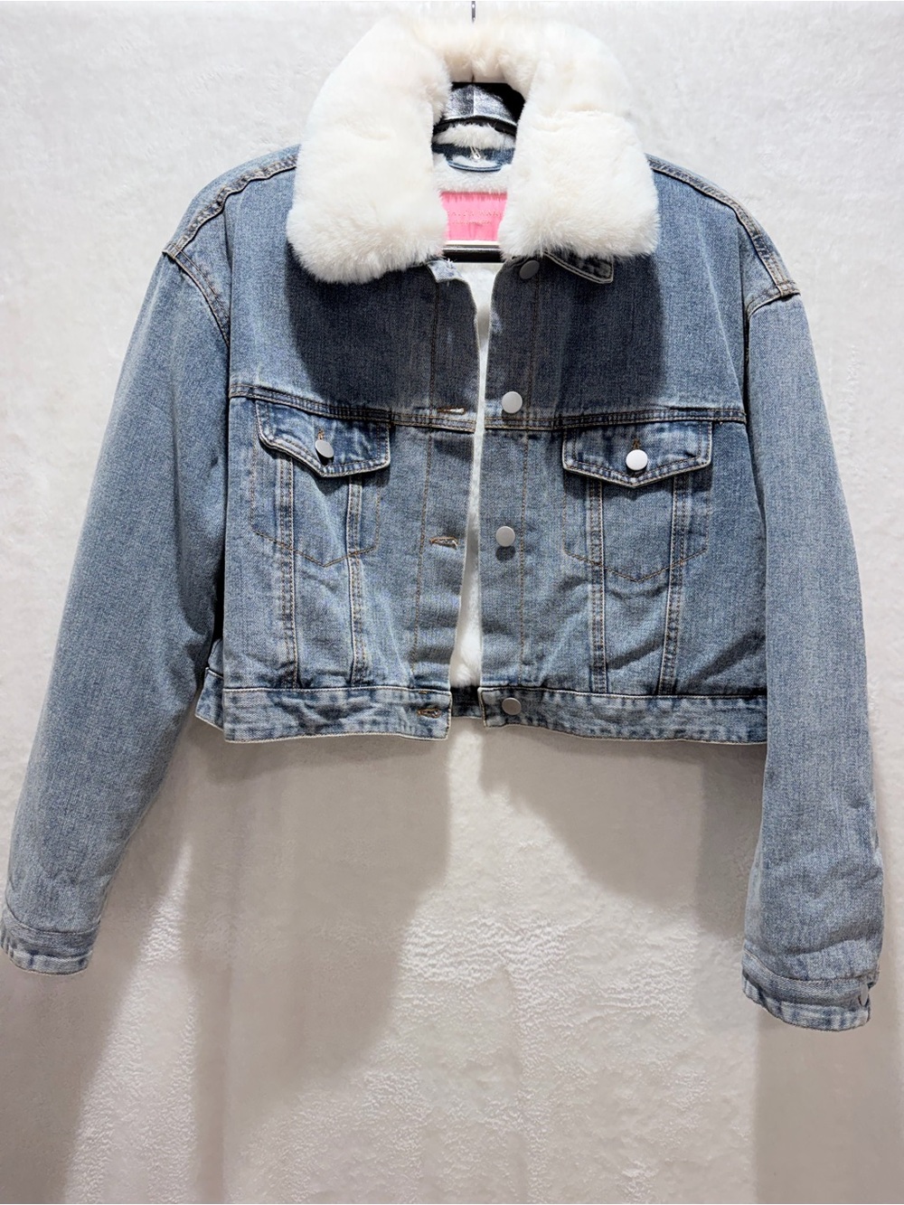 Azalea Wang Faux Fur Lined Cropped Denim Jacket Sherpa Collar Blue S (CKB091) - Picture 4 of 11